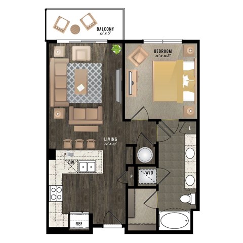 A floor plan of a living space with a balcony, bedroom, and living room.
